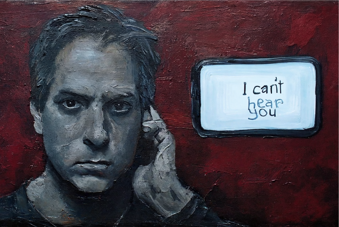 A selfie picture of myself holding my ear the day i woke up deaf and a phone screen with the words i can't hear you displayed on it as that day found me having to have people talk into my voice to text feature so i could read what they were saying