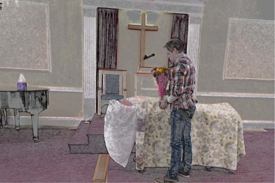 a picture of me viewing my daughter in a casket in a funeral home standing by myself holding flowers and all is styled to look as if drawn with color pencils